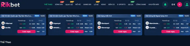 Thể Thao RikBet cung cấp đa dạng các loại kèo và các giải đấu lớn cho người dùng tha hồ đặt cược